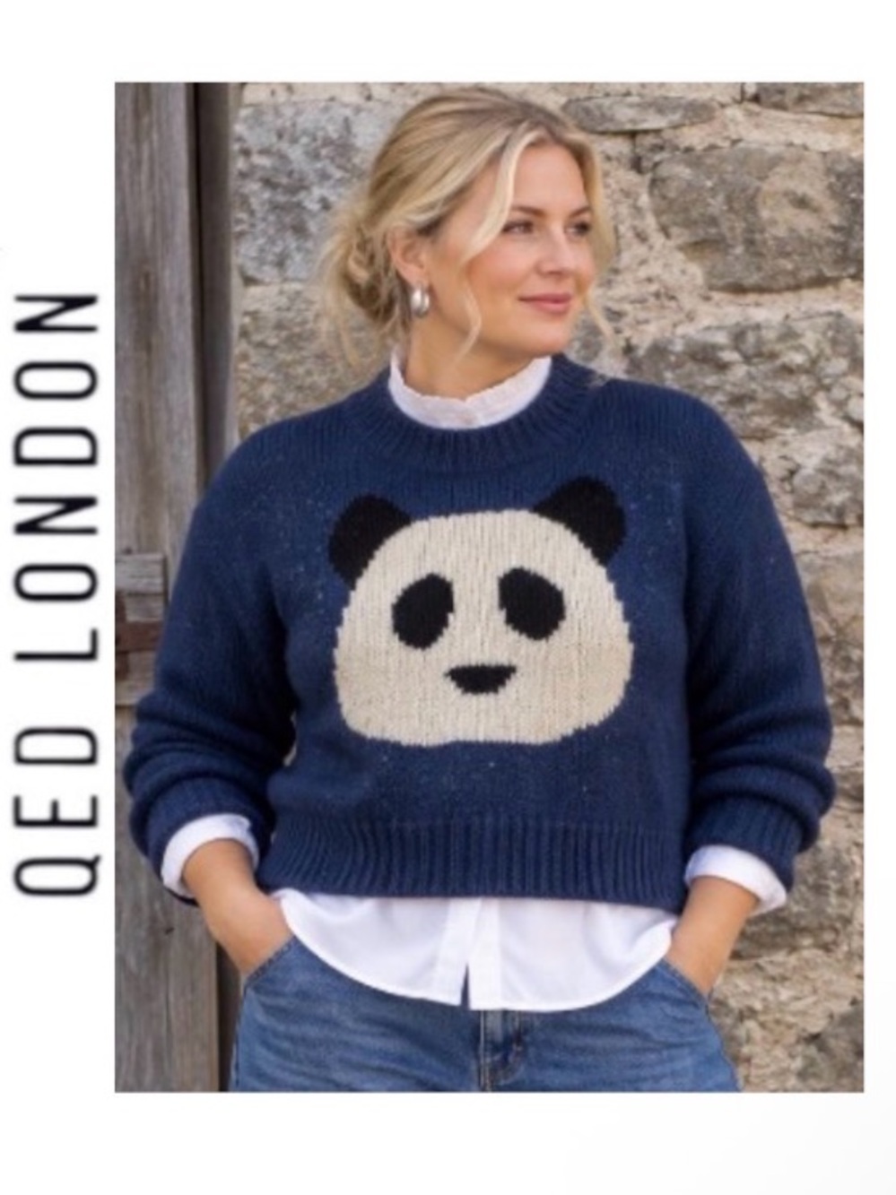 XL QED London Navy Sweater with Panda Graphic Measures 22 Inches at the Underarm